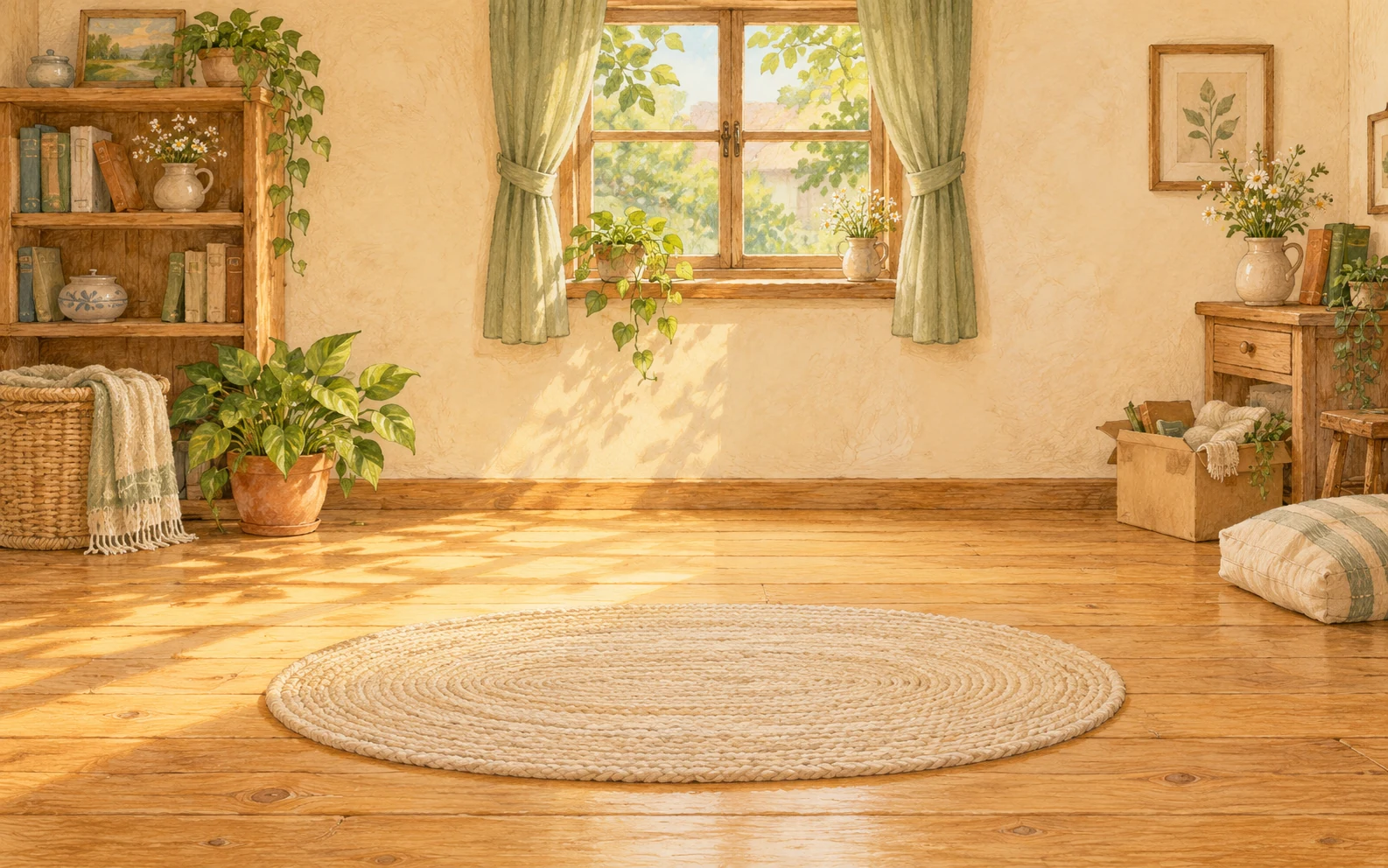 有阳光、木地板和窗边绿植的温暖小屋